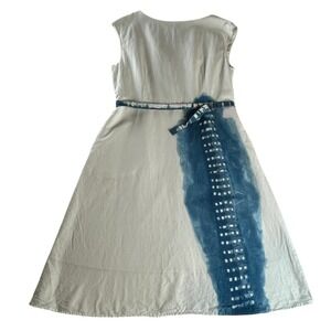 Uniqlo Linen Blend Sleeveless Dress A Line Belted Shibori Blue White L